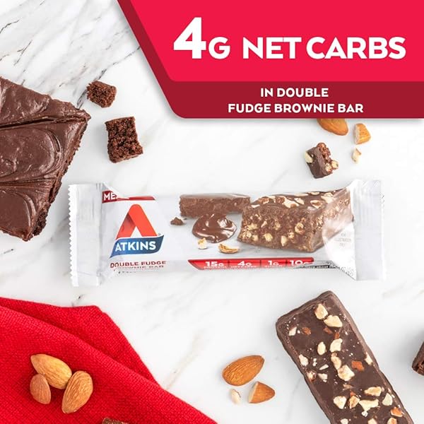 ATKINS DOUBLE FUDGE BROWNIE PROTEIN MEAL BAR, HIGH FIBER, 15G PROTEIN, 1G SUGAR, 4G NET CARB, MEAL REPLACEMENT, KETO FRIENDLY