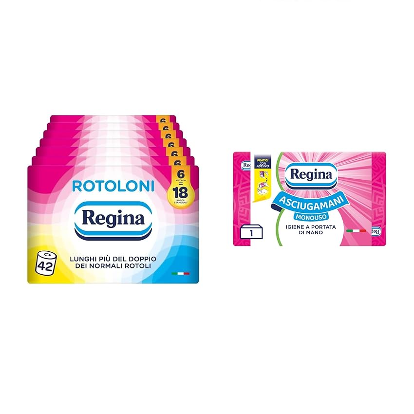 Rotoloni Regina - 42 Maxi Rotoli di Carta Igienica, 500 Fogli a 2 Veli + Regina Asciugamani Monouso