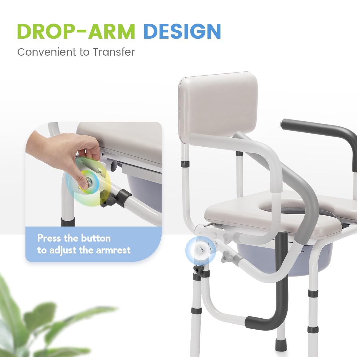 OasisSpace Heavy Duty Padded Drop Arm Commode, Bedside Commodes for Seniors, Commode Chair for Toilet with Arms & Removable Bucket in Bathroom or Bedroom