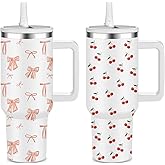 FOLAI 2 Pack 40oz Insulated Tumbler with Handle, Straw ＆ Flip Lid, 100% Leak-Proof Stainless Steel Double Wall Vacuum Cup - 24H Cold ＆ 10H Hot, Cup Holder Friendly Travel Tumbler | Cherry + Bow