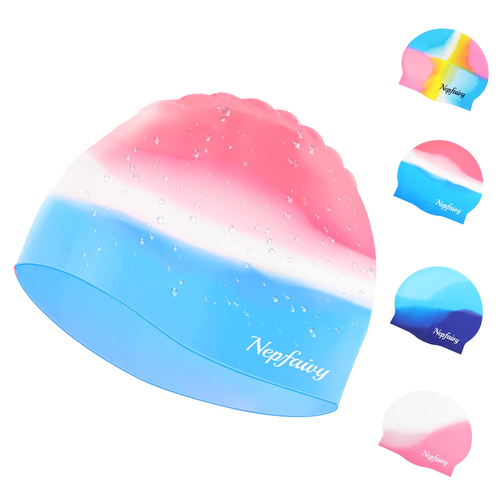 Nepfaivy Kids Swimming Cap Waterproof - 100% Silicone Swimming Hat Kids, Comfortable Anti Slip Boys and Girls Swimming Cap, Stretchable and Durable Swim Cap for Children 6-14 Years (Pink+White+Blue)