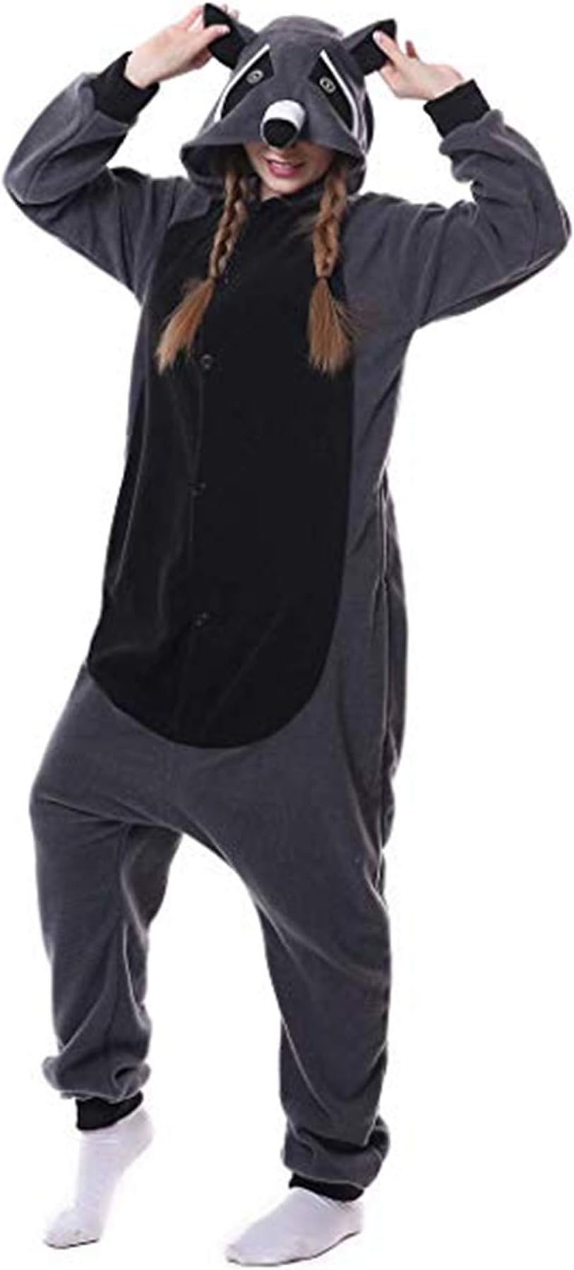 QFULFUNRaccoon Onesie Costumes Pyjamas Unisex Adult Women Men Animal Cosplay Halloween Homewear