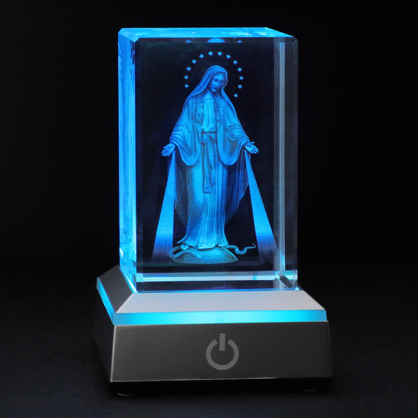 KOMI 3D Crystal Virgin Mary Figurine Statue with LED Light Base, Laser Engraved Mother Mary Statues Religious Gifts for Women Men, Night Light for Bedroom, Christian Catholic Home Decor