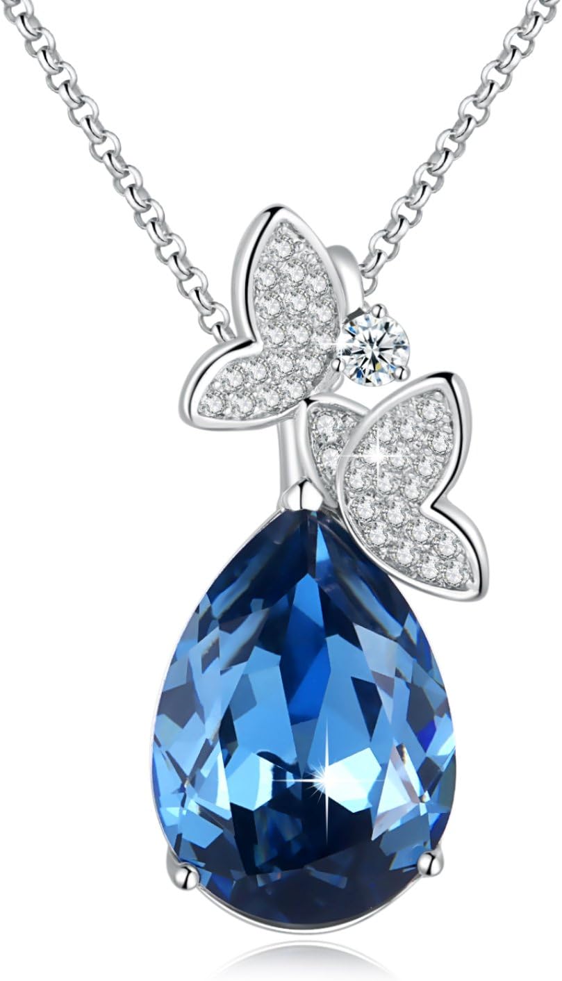 Butterfly Necklace Teardrop Pendant with Austria Elements Crystals Necklaces Jewellery for Women,Gifts for Girlfriend,Mom,Dark Blue,18" Chain