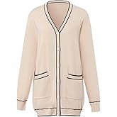 Women's Contrast Binding Long Sleeve Knit Button Front Cardigan Loose Outerwear with Pocket
