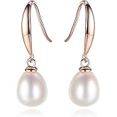 Bellitia Jewelry Handpicked Freshwater Cultured Pearl Earrings Dangle Earrings, Rose Gold Plated 925 Sterling Silver Drop Earrings Dainty White Cultured Pearl Hook Earrings for Women