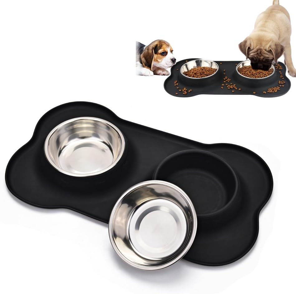 Dog Bowl, 2 x 13 Ounce Stainless Steel Dog Bowls Cat Bowl Pet Bowl Feeding Station with Anti-Spill Non-Skid Bone Shape Silicone Mat Black for Small Dog and Cat by JISIMA