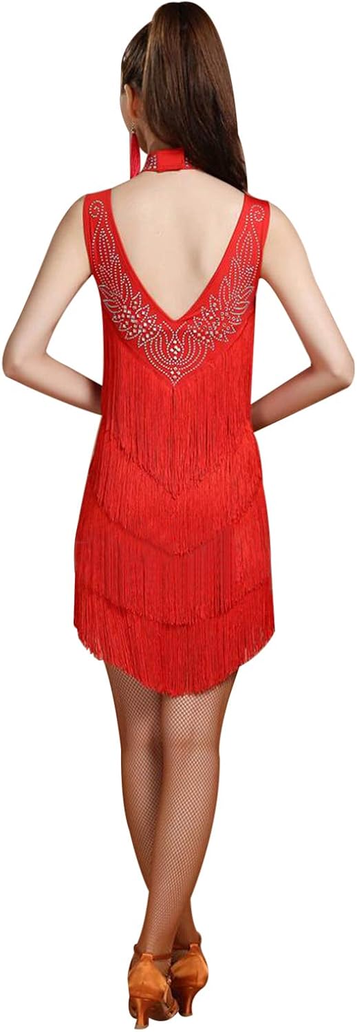 ZX Women's V Back Rhinestone Deco Fringe Dance Party Dress Latin Ballroom Dress: Clothing