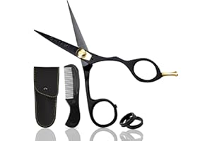 ONTAKI 5.5” Japanese Steel Beard Scissors & Mustache Scissors - Ergonomic Design Beard Scissors for Men with 1 Comb & Carrying Pouch - Hand Forged Facial Hair Scissors (Ergonomic Black (Right Hand))