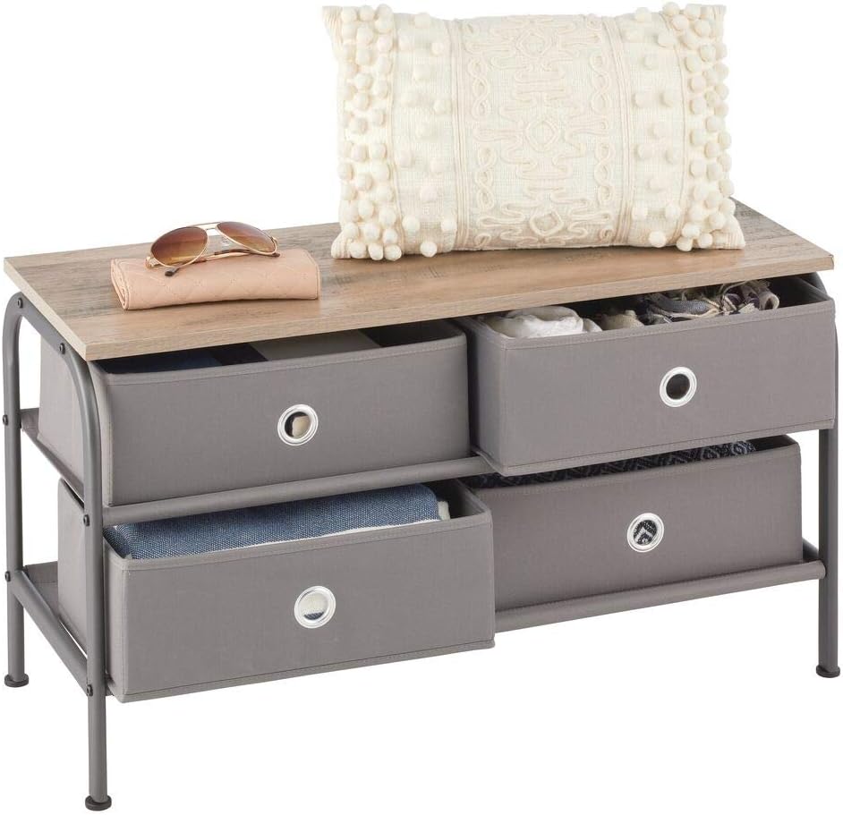mDesign Storage Bench with 4 Drawers - Sturdy Steel Frame, Wood Top, Easy Pull Fabric Bins - Organizer Unit for Bedroom, Hallway, Entryway, Closets - Dark Gray/Gray: Home & Kitchen