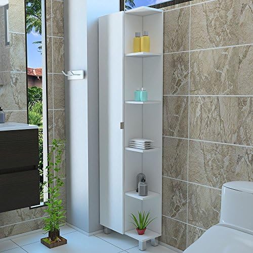 RTA Design 5 - Side Shelves Tall Corner Bathroom Cabinet with 1 Door, White.
