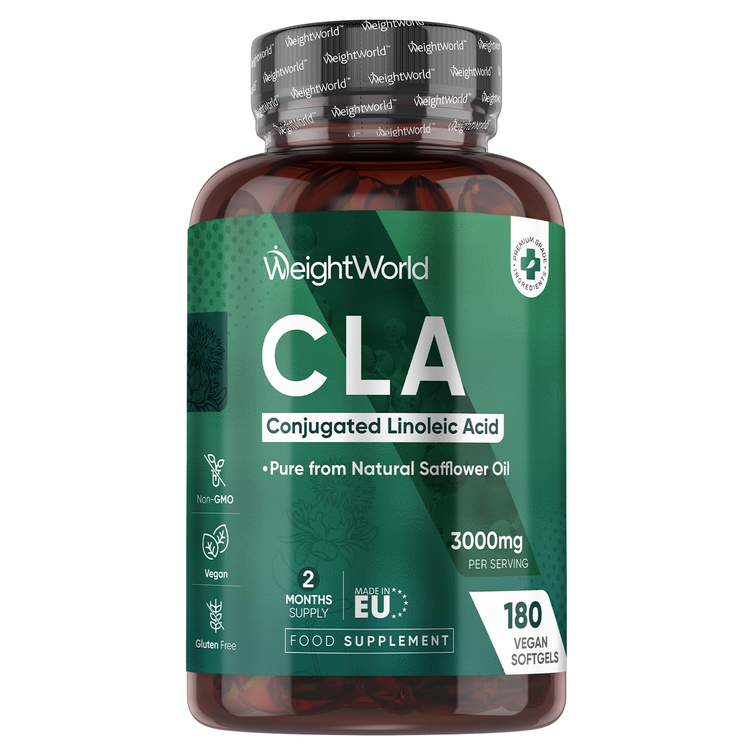 WeightWorld CLA Softgels | 3000mg per Serving | 80% Active Isomers | 180 Vegan CLA Softgels | Gluten-Free | 2 Months Supply | Made in EU