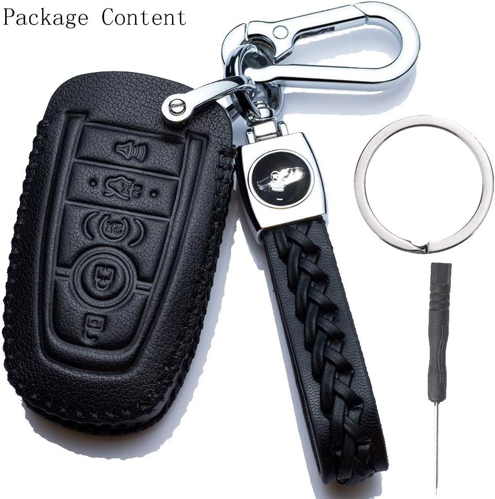 Interior Accessories Premium Leather Key Fob Cover 5 Buttons Black Smart Keyless Remote Entry Fob Case With Keychain For Ford Fusion Edge F250 Explorer Expedition Keychains