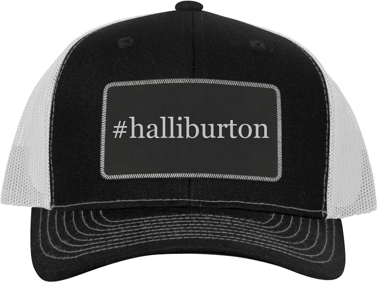 halliburton Hashtag Leather Black Patch Engraved Trucker Hat, Black