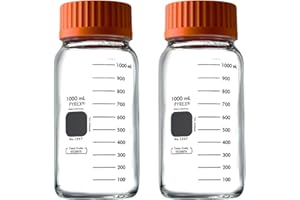 Pyrex Round Wide Mouth Media Storage Bottle with GL45 Screw Cap - Borosilicate Glass Bottles with Caps - Premium Scientific Glassware for Labs, Classrooms or Home Use Glass Container, 1L, 2/Pk