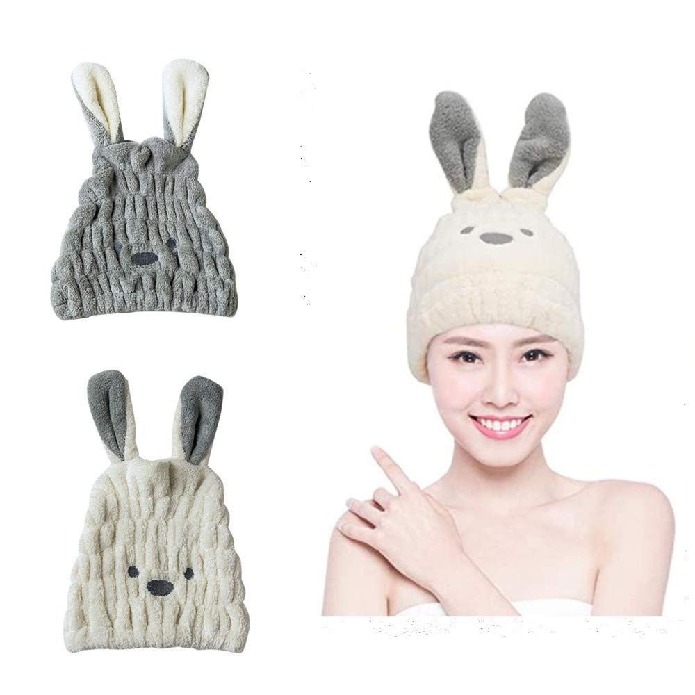Copiel Hair Drying Towels, 2pcs Quick Hair Bath Caps, Hair Turban Towel, Cute Rabbit Water Absorbent Microfibre Hair Dry Wrap Hat for Woman, Kids & Girls Bath Spa Swimming