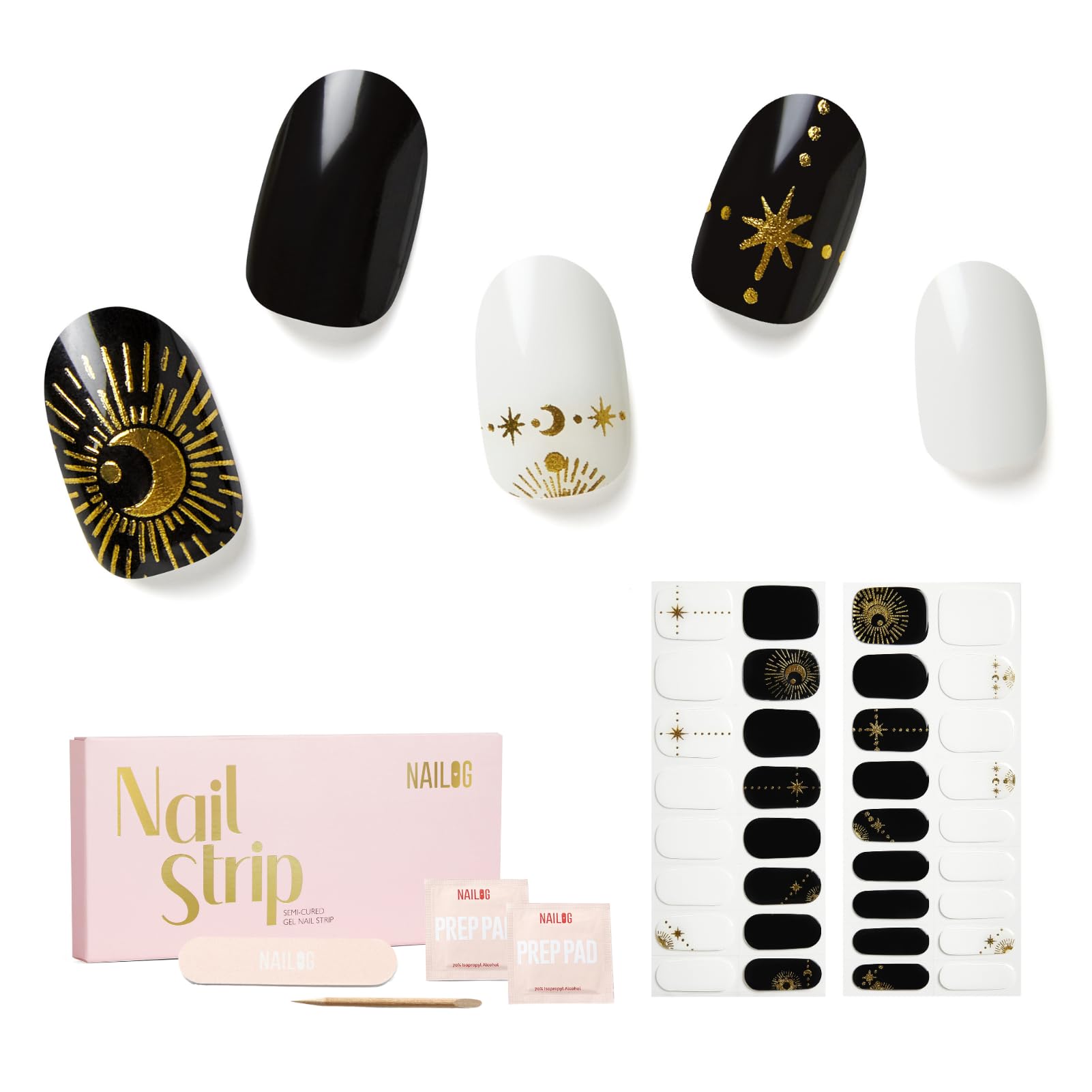 NAILOG Semi Cured Gel Nail Strips, 34 pcs Salon-Quality Gel Nail Stickers, Long Lasting Nail Wraps for Women with Soft Gel Finish, Astral Glyphs — image 1