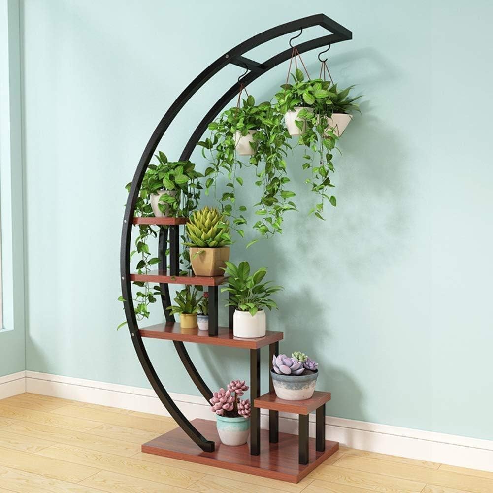 Madcg 5 Tier Metal Plant Stand Rack Shelf Creative Half Moon Shape Ladder Flower Pot Stand Rack For Home Patio Lawn Garden Balcony H/older (Color : Black+coffee)