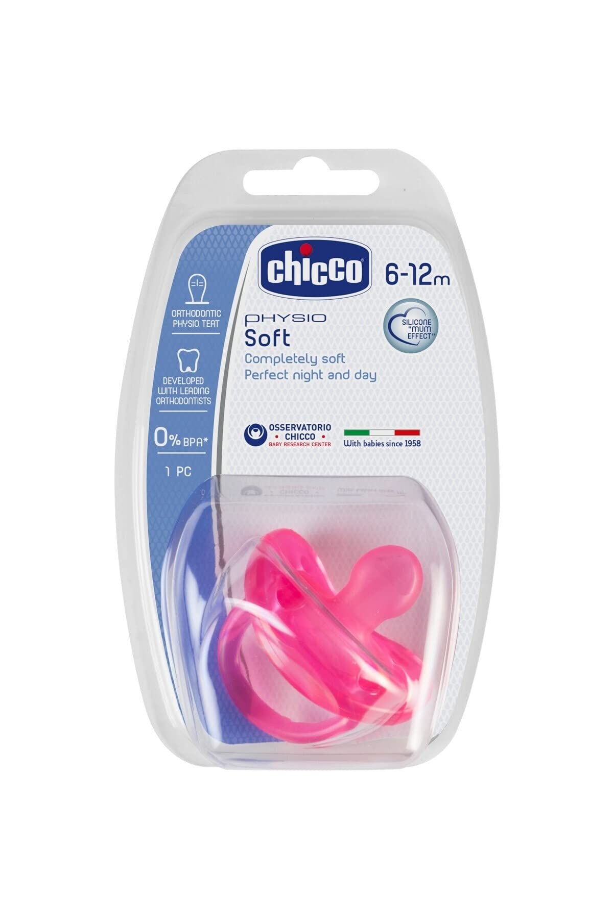 Chicco PhysioForma Silicone Dummy 6-16 Months, Pack of 1, Soft and Delicate Dummy, Supports Physiological Breathing and Promotes Correct Development of The Mouth, Pink