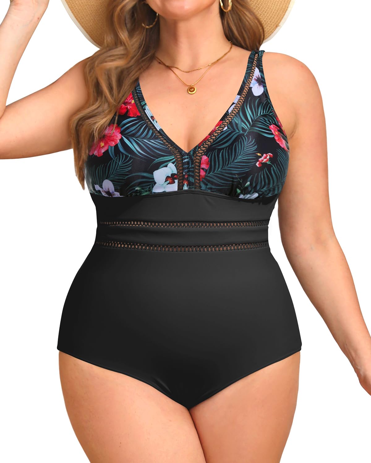 Photo 1 of Daci Women Black and Flower Plus Size One Piece Swimsuits Sexy Hollow Out Bathing Suit V Neck Swimwear 22 Plus