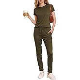 Punude Womens Pajama Sets 2 Piece Ribbed Short Sleeve Sleepwear Shirt with Long Pajama Pants with Pockets