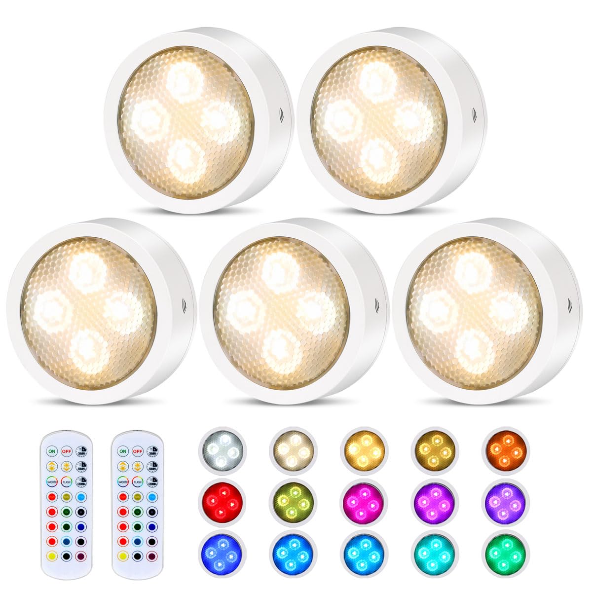Photo 1 of Puck Lights with Remote Timer, Under Cabinet Kitchen Lights Battery Operated LED Lights, Stick on Shelf Lights Wireless Counter Lights, RGB Color Changing Display Lights, 5 Pack White
