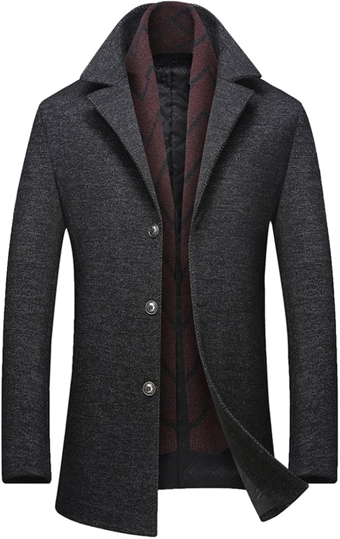 Wintie Men's Single Breasted Half Wool Blend Peacoat Scarf Slim Fit Overcoat at Amazon Menâs 