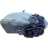 Besforta Flower Denim Beret Hat for Women French Style Artist Hat Painter Hat Casual Beanie Cap