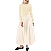 SHBECYDE Women Boat Neck Long Sleeve Maxi Dresses Slim Fit Drop-Waist Patchwork Dress Flowy Swing Fall Long Dress
