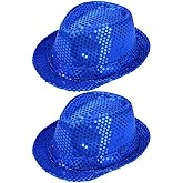 Sequin Fedora Hat Blue Satin Halloween Costumes Sequin Top Hat for Men Women Jazz Party 11.02X9.44X4.72 Inch