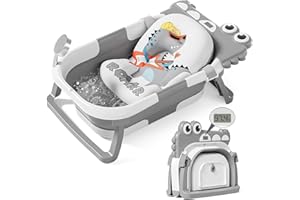 TPN Collapsible Baby Bathtub, Baby Bath Tub with Soft Cushion & Real-Time Thermometer, Baby Bathtub Infant to Toddler Tub (0-36 Months), Portable Travel Baby Tubs for Newborns (Grey)