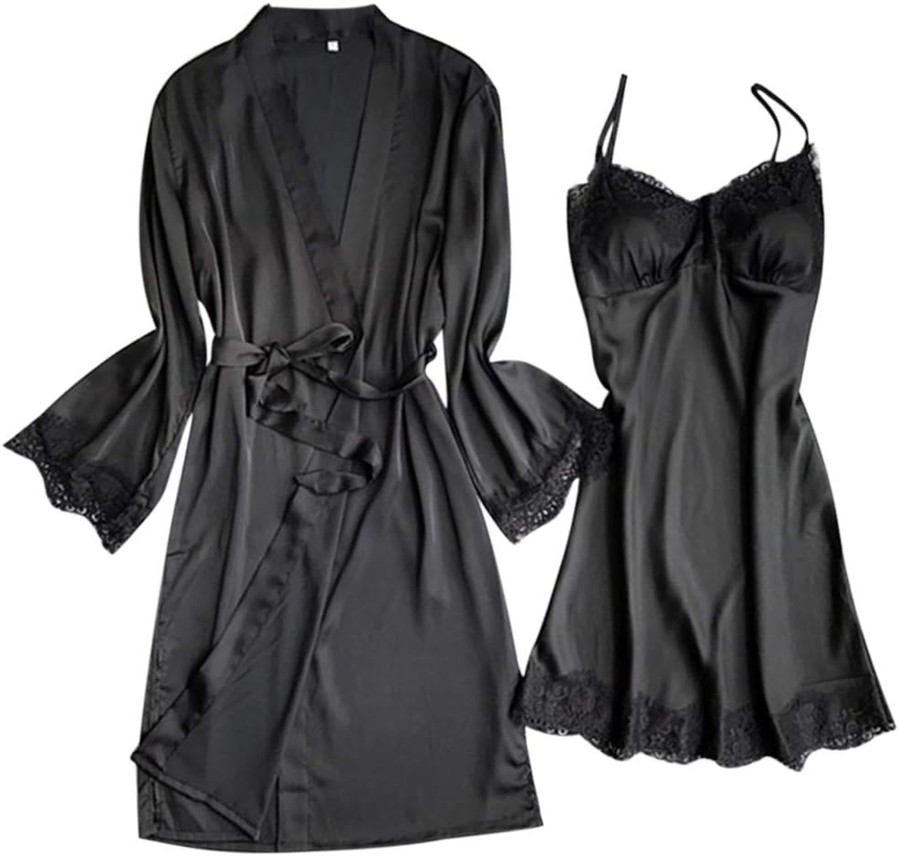 Women's Satin Lingerie Floral Embroidery Babydoll Sleepwear Lace Chemise Soft Nightgown Robe