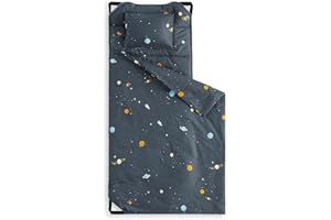 Wake In Cloud - Cot Nap Mat with Pillow and Blanket, 100% Cotton Fabric, for Toddler Kids Boys Girls in Daycare Kindergarten Preschool with Elastic Corner Straps, Stars Space Rockets on Grey