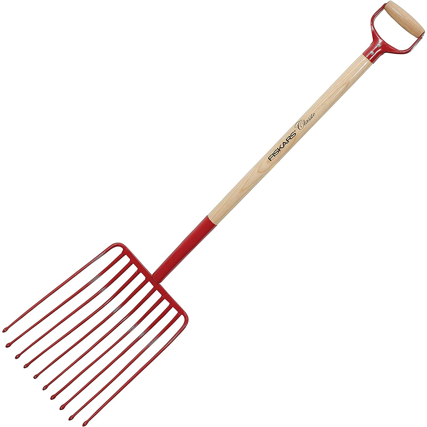 Fiskars Classic Potato Fork with 10 Prongs, Length: 126 cm, Knotless Ash Wood Handle/Steel Prongs, Red, Classic, 1003693 โ image 1