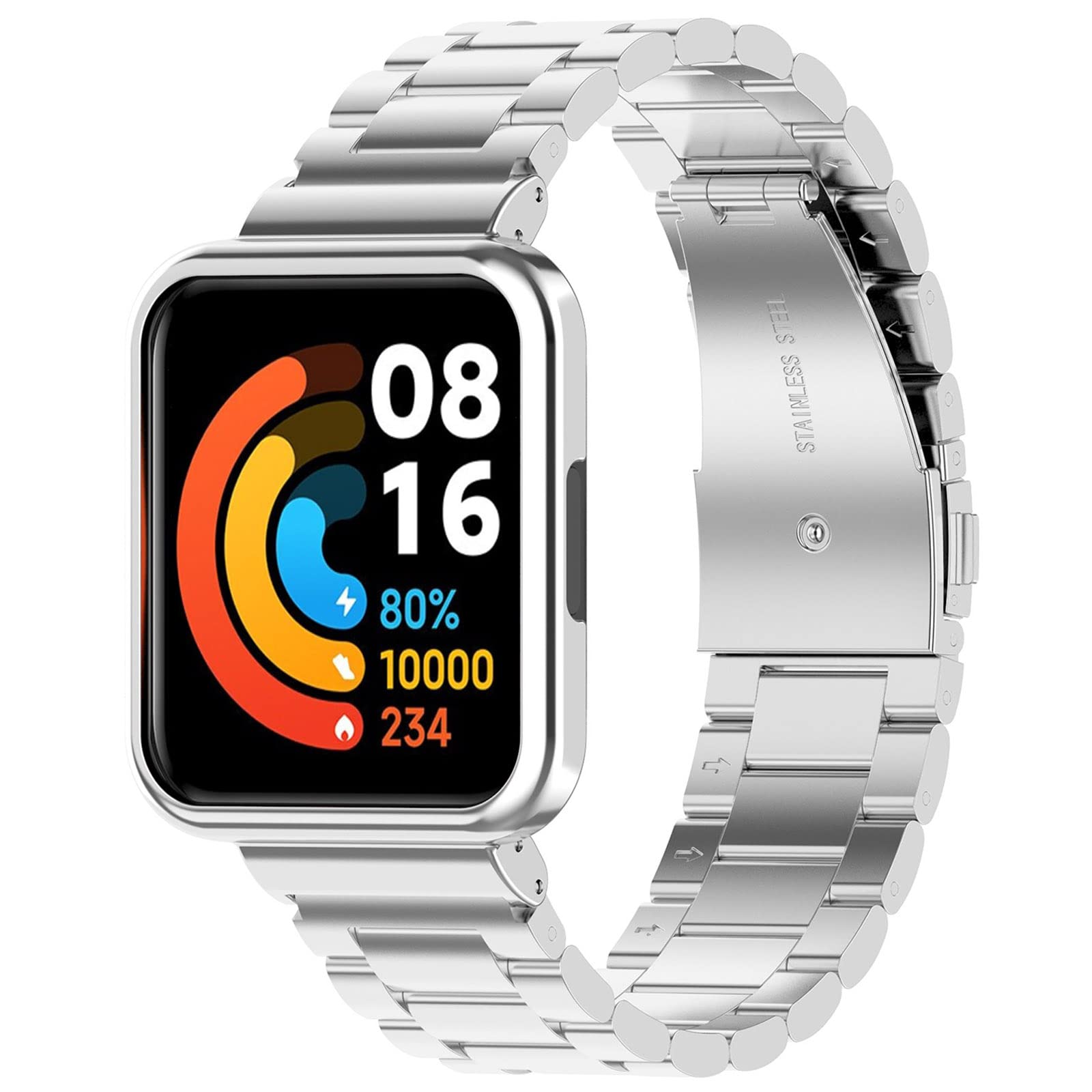 Miimall Metal Strap Compatible with Redmi Watch 2 Lite, with Stainless Steel Protective Case Metal Stainless Steel Wristband Adjustable Replacement Strap for Redmi watch 2 Lite-Silver