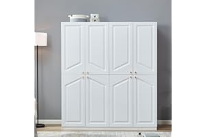 ClassyCabin 4-Door Armoire Wardrobe Closet, 2 Drawers Wooden Armoire Closet Cabinet for High Storage Capacity, White Closet Wardrobe with 2 Storage and 2 Hanging Rod 63" L x 20.3" W x 72" H