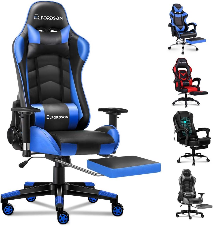 ELFORDSON Gaming Chair with Headrest Lumbar Support Footrest Adjustable Height PU Leather Tall and High Back with 180° Recliner, Computer PC Desk Chairs Swivel, Blue Black