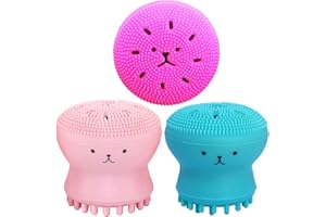 SRUMIE Facial Cleansing Brush Silicone Handheld Face Brush and Massager ，Octopus-Shaped Cleansing Brush for Deep Cleaning Gentle Exfoliating Skin Massage (Red+Blue(2Pcs)) (Pink+Blue+Red)