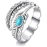 YFN Turquoise Ring Sterling Silver Vintage Feather Turquoise Adjustable Size 7 Ring Western Jewelry Gifts for Women
