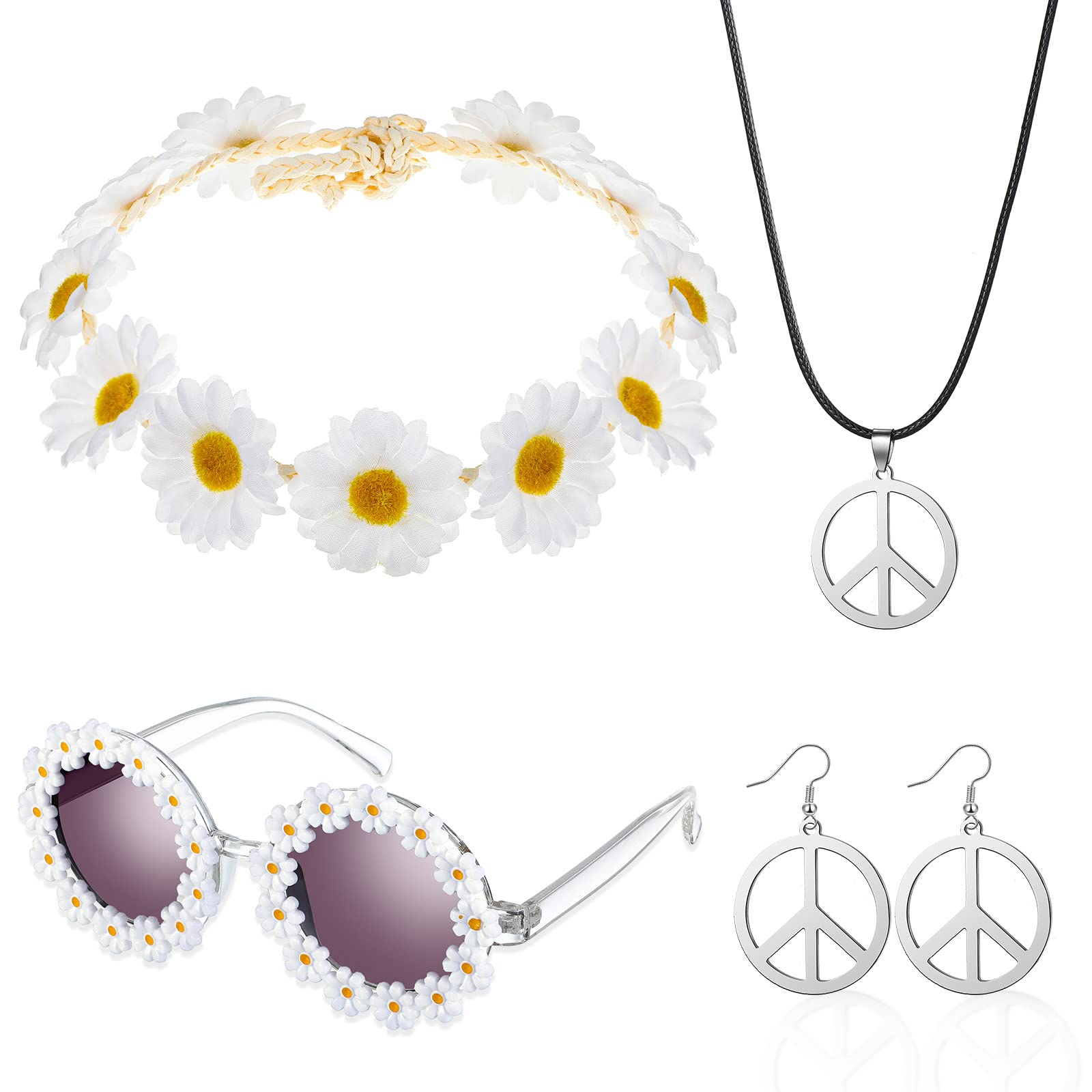 Aoriher Hippie Costume Accessory Set for Women 60s 70s Dressing Accessory Hippie Party Supplies Include Daisy Flower Headband Retro Vintage Round Glasses Peace Sign Necklace and Earrings