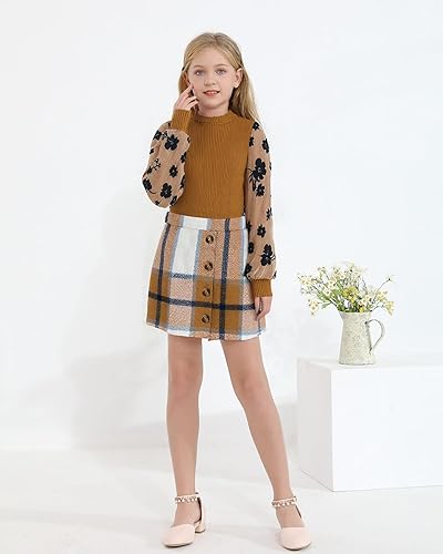 YOURUIKEY Girl Clothes Outfit Skirt Sets Winter Fall Set Size 10 Girl  Clothing Set Brown Top Plaid Skirt Cut