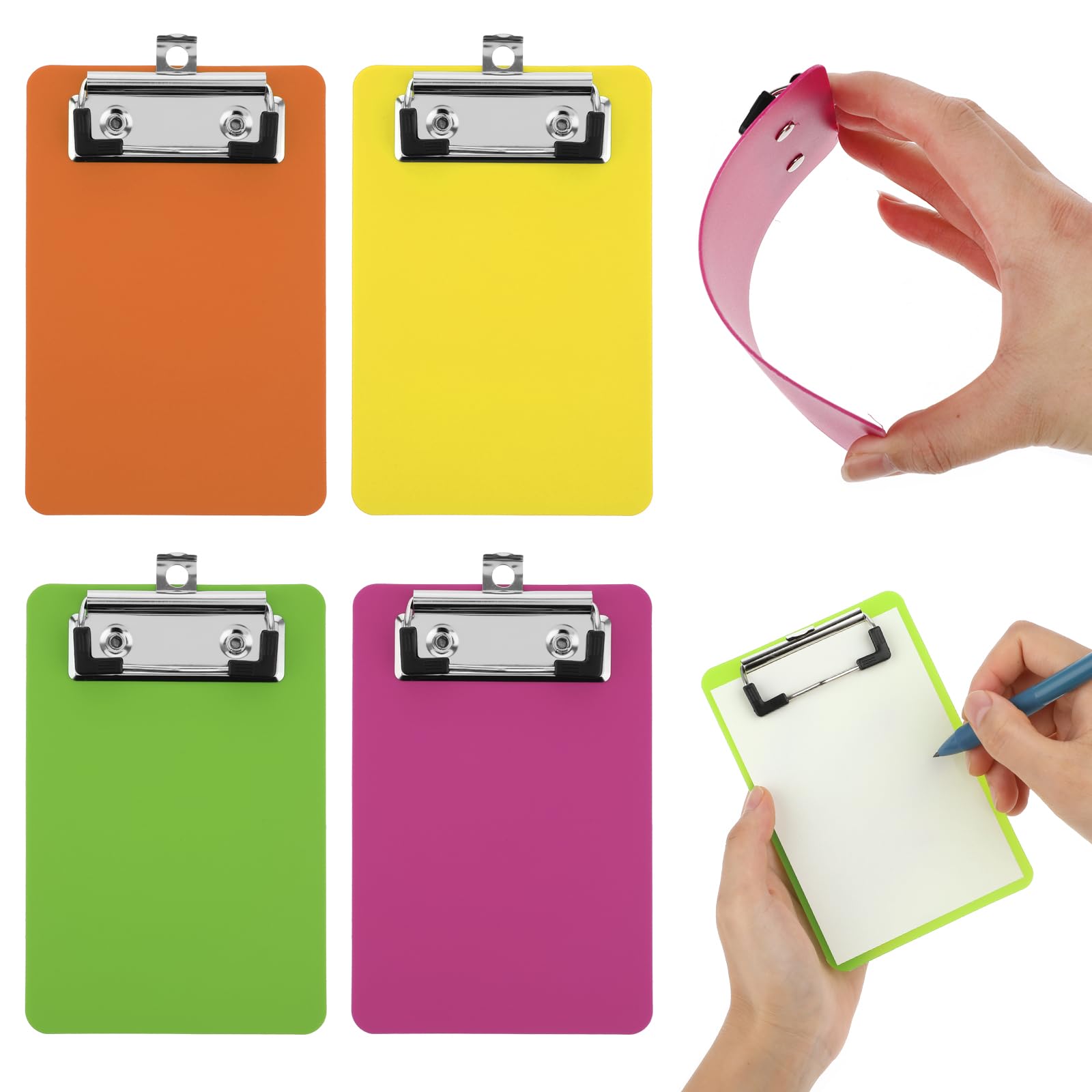 Bewudy 4 Pack Small Clipboards 4 x 6 Inch, Mini Clip Board Notepads Clipboard, Letter Size Plastic Pocket Clipboard with Low Profile Clip, for Office Classroom Supplies(4 Color A)