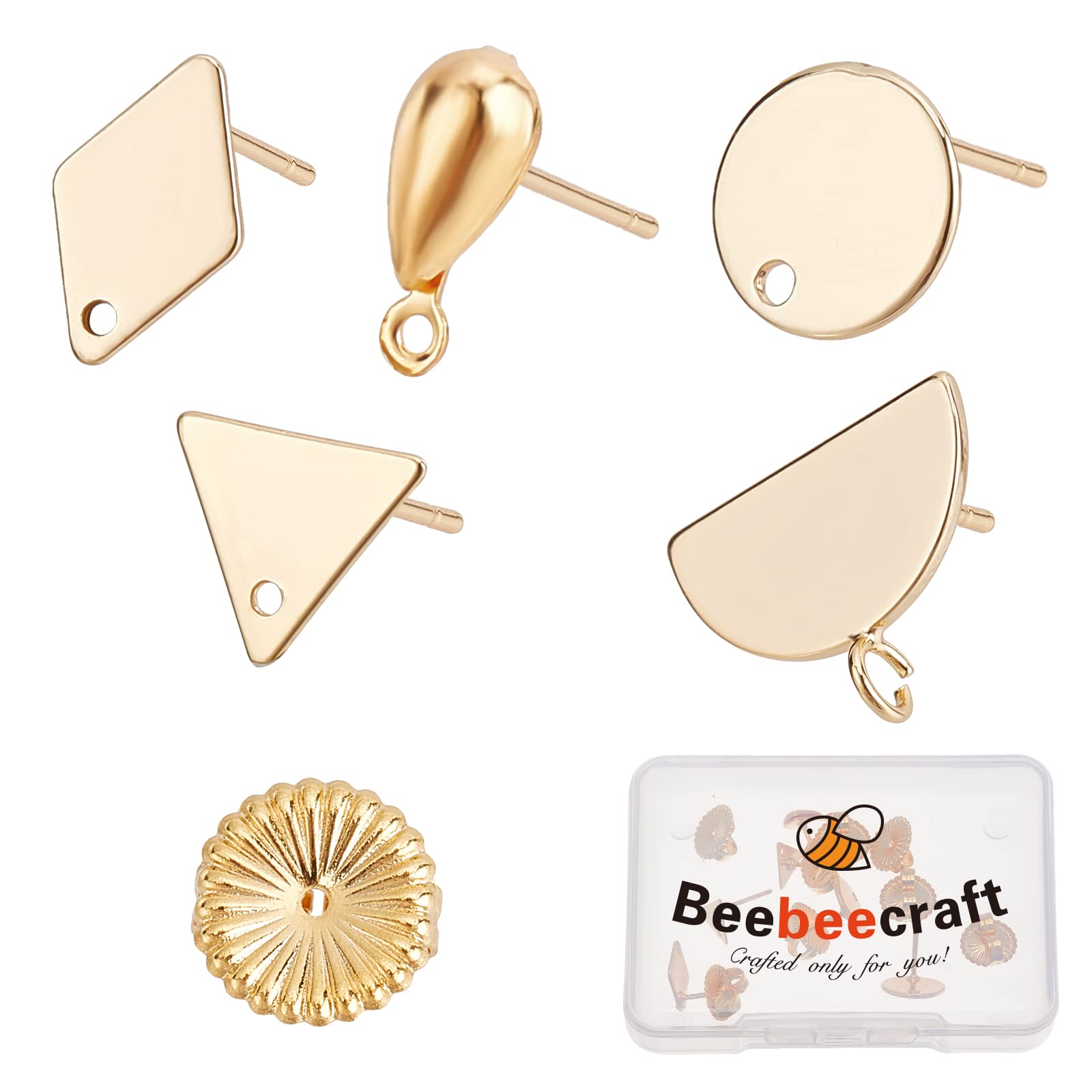 Beebeecraft 1 Box 5 Style 18K Gold Plated Earring Studs Rhombus Flat Round Teardrop Triangle Semicircle Earring Posts with Loop Ear Nuts Earring Backs for Jewelry Making DIY Crafts