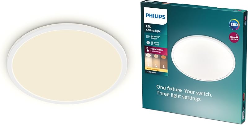 SuperSlim Plafón LED de techo con SceneSwitch (15 W), 3 niveles de brillo, Luz blanca cálida, EyeComfort, blanco, 25 cm