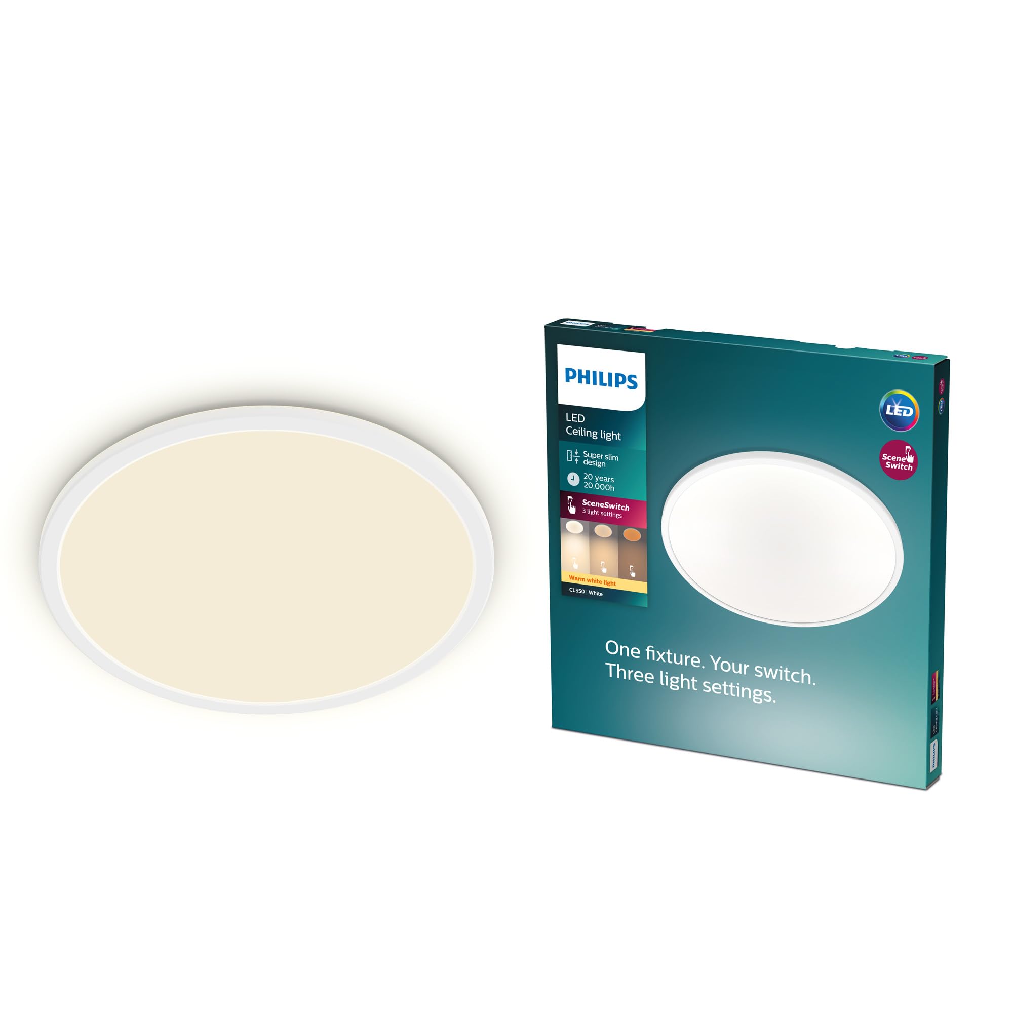 Philips LED SuperSlim SceneSwitch Dimmable Ceiling Light 2700K 18W [Warm White - White] For Indoor Home Lighting in Livingroom and Bedroom.