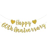 Talorine Happy 60th Anniversary Banner, 60th Wedding Anniversary, 60th Birthday, 60 Years Loved Party Decorations (Gold Glitter)