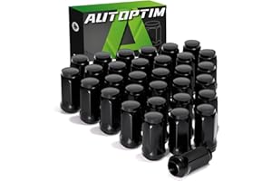 AUTOPTIM M14x1.5 Lug Nuts - Replacement for Chevrolet Silverado, GMC Sierra 2500 3500 HD, Ford F250 F350, Ram 2500 3500 Aftermarket Wheel 32 PCs Black Closed End Bulge Acorn Skinny Long Lug Nuts