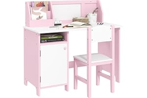 Qaba Toddler Desk and Chair Set, Kids Writing Desk Study Table for Children with Whiteboard, Storage Cabinet, Child Furniture, Art Gifts for Kids, Pink