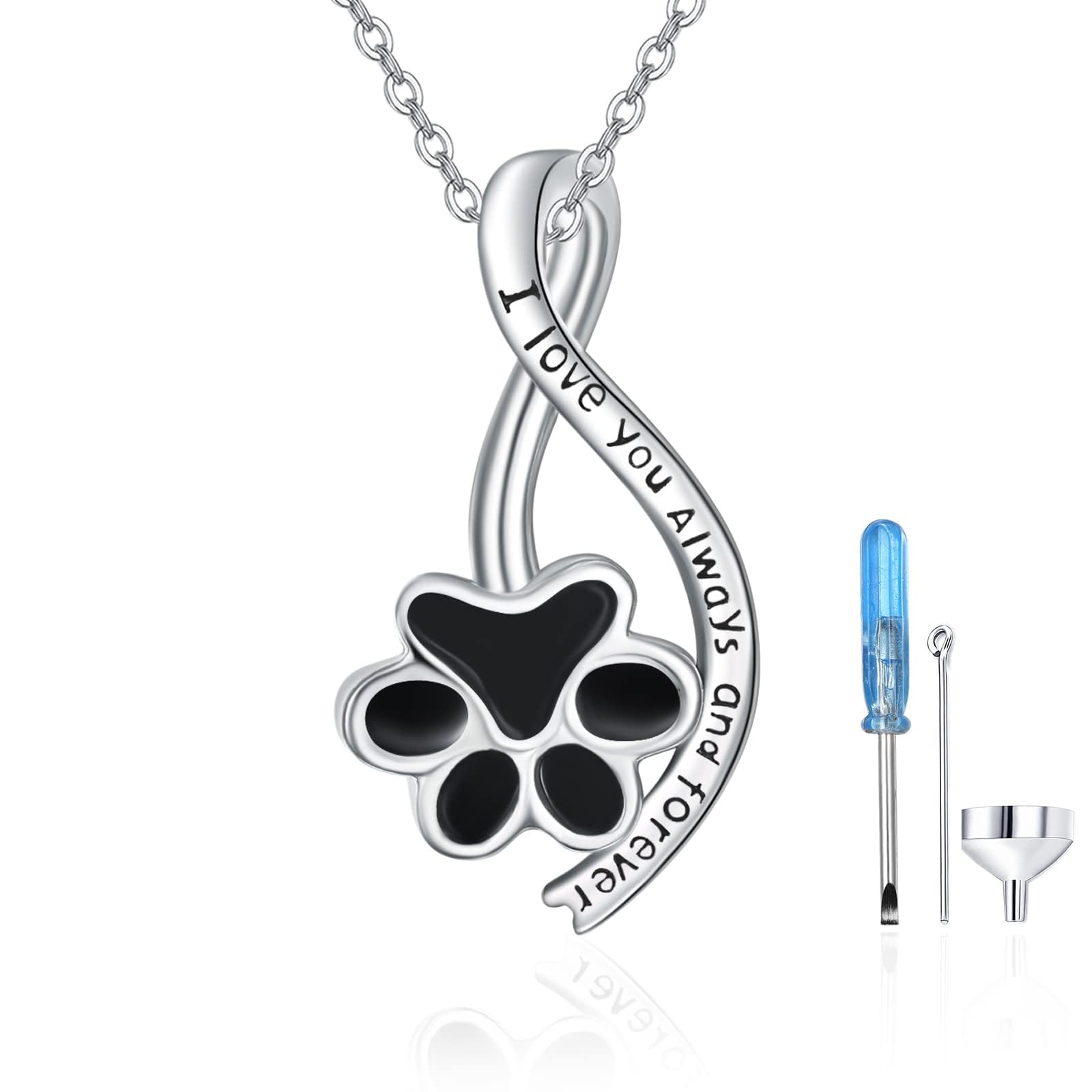 TANGPOET Ashes Necklace 925 Sterling Silver Paw Urn Necklace Cremation Jewellery for Ashes Pendant Necklaces for Pet Dog Cat with Funnel Filler Kit, Silver