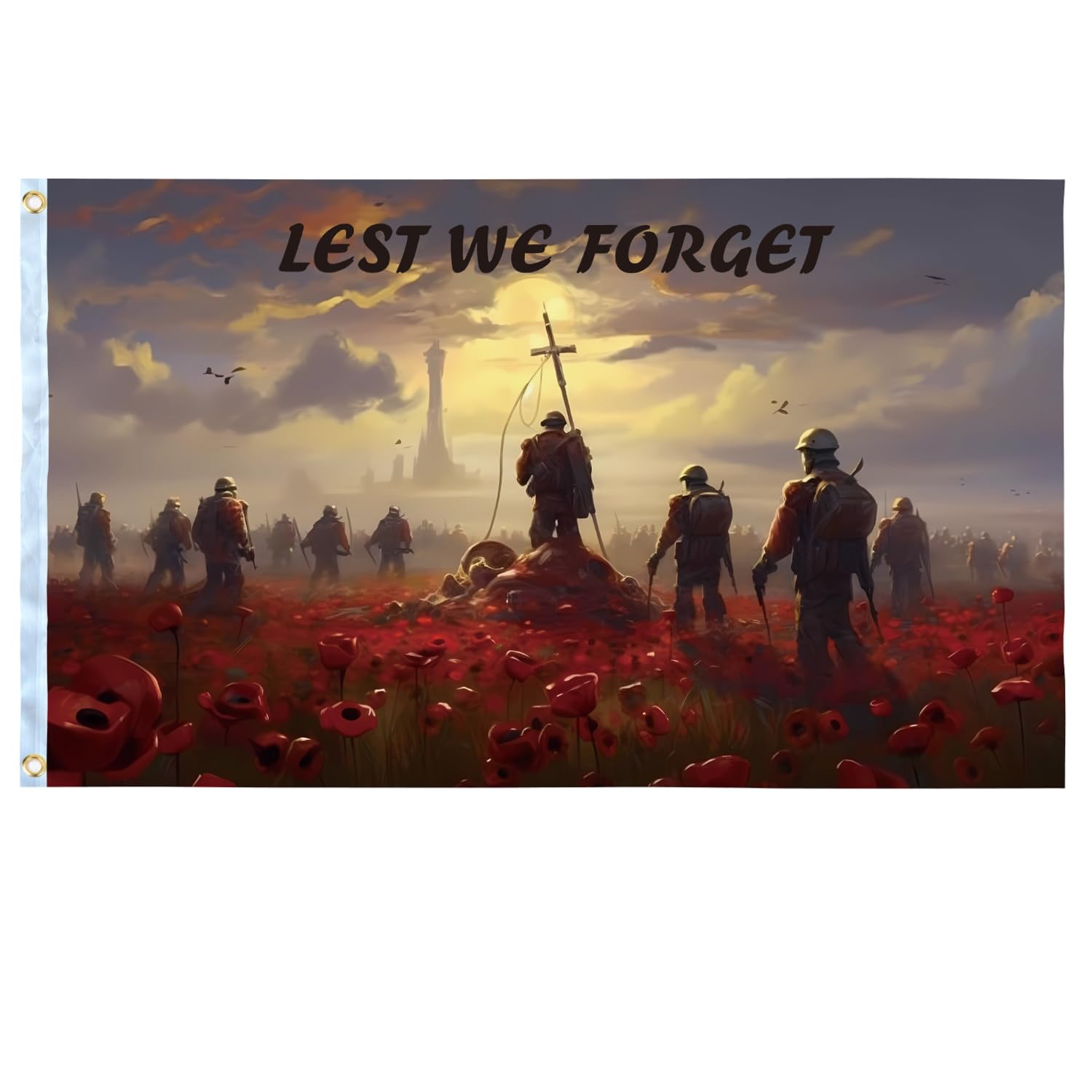 Lest We Forget Flag 5ft x 3ft Remembrance Day Flag Remembrance Sunday Poppy Banner Polyester Double Stitched with Brass Grommets for War Heroes, Soldiers & Armed Forces Decorations